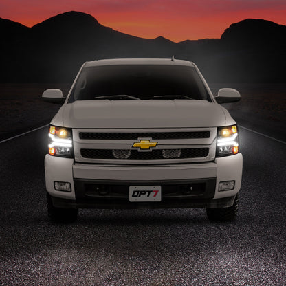 OPT7 07-14 Chevrolet Silverado Black w-Ultra White DRL LED Tube Headlights Projector