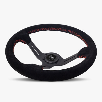 The Le Mans | Black Alcantara Suede | Black Spoke | Red Stitch