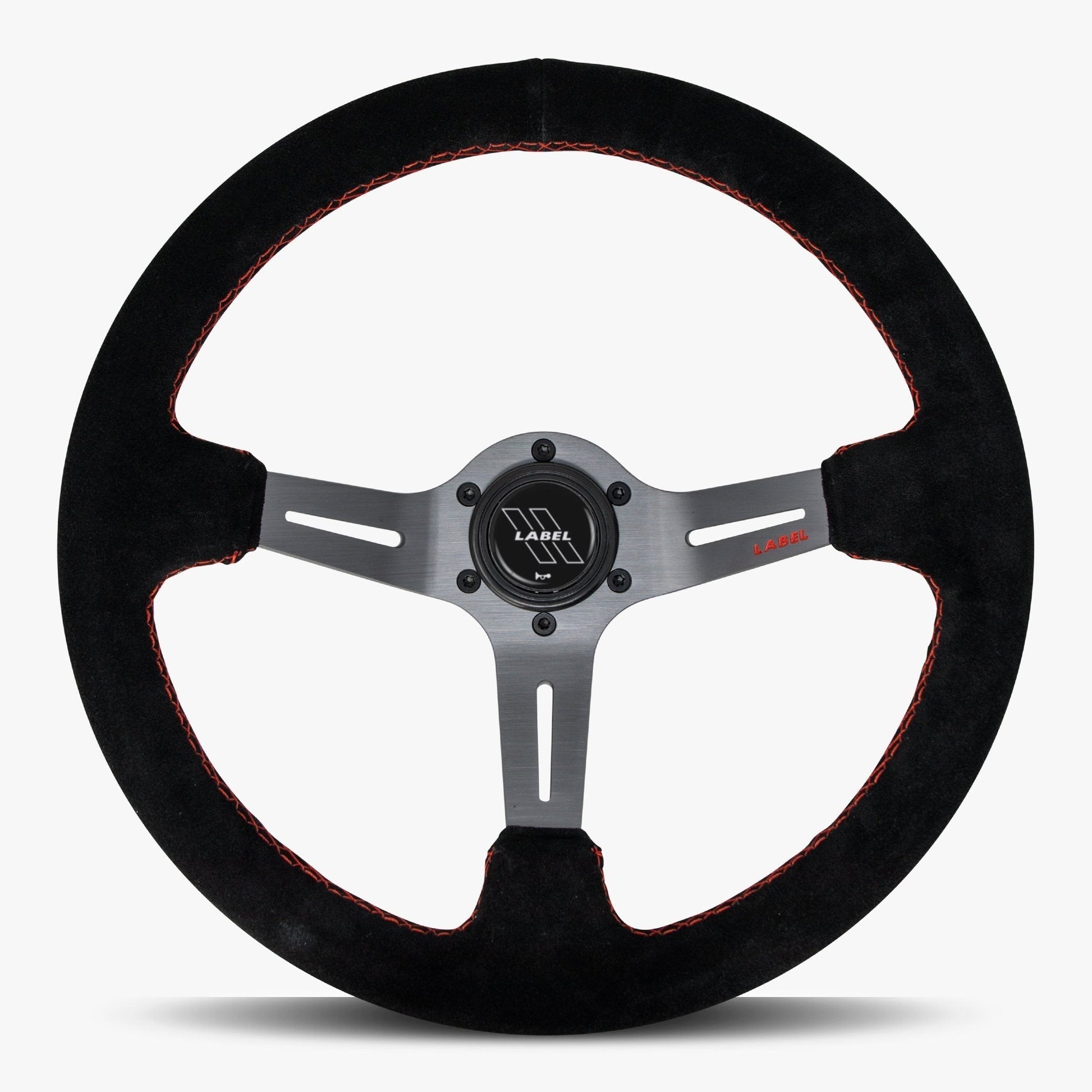 The Le Mans | Black Alcantara Suede | Graphite Spoke | Red Stitch