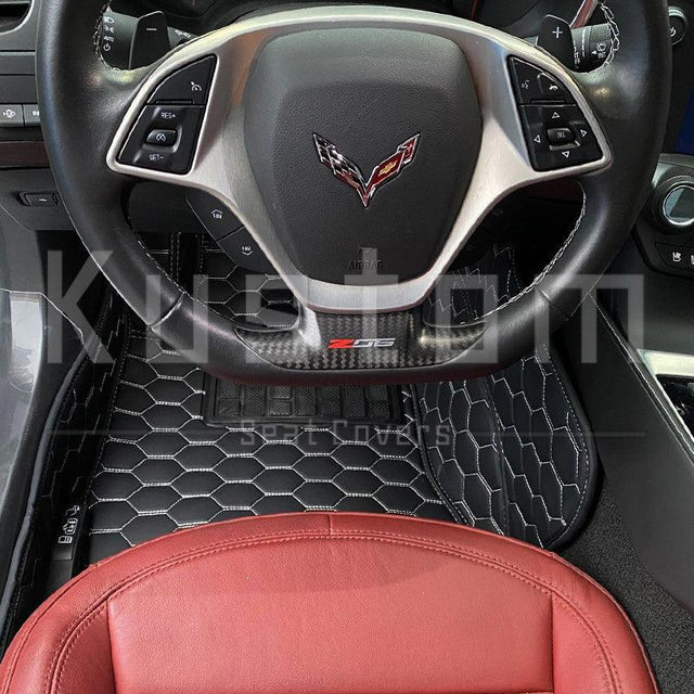 Corvette C7 Custom Premium Honeycomb Leather Floor Mat Liners