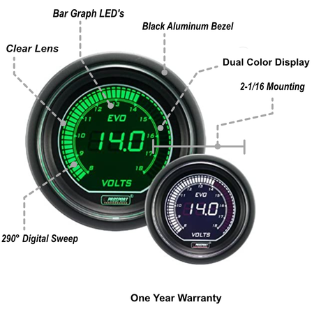 2-1/16" Evo Electrical White Green Volt Gauge