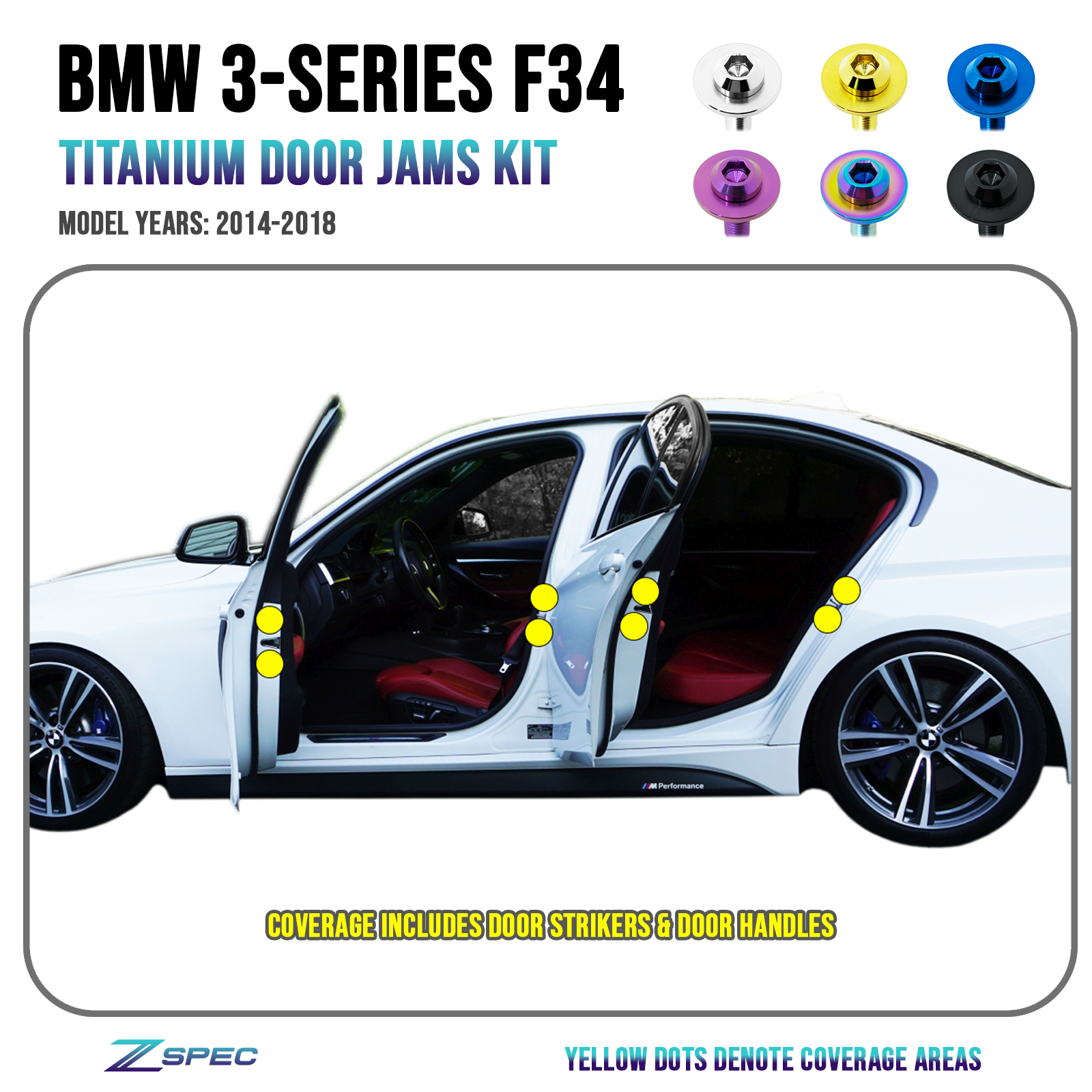 ZSPEC "Door Jams" Dress Up Bolts® Fastener Kit for '14-18 BMW 3-Series Titanium