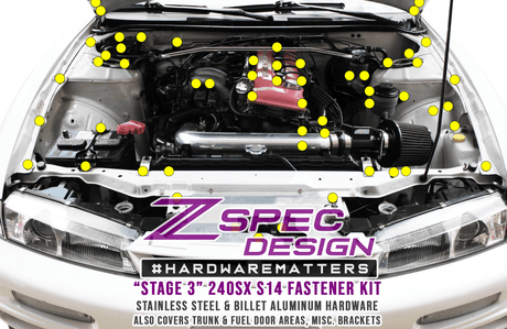 ZSPEC "Stage 3" Dress Up Bolts® Fastener Kit for '95-98 Nissan 240SX S14, Stainless & Billet