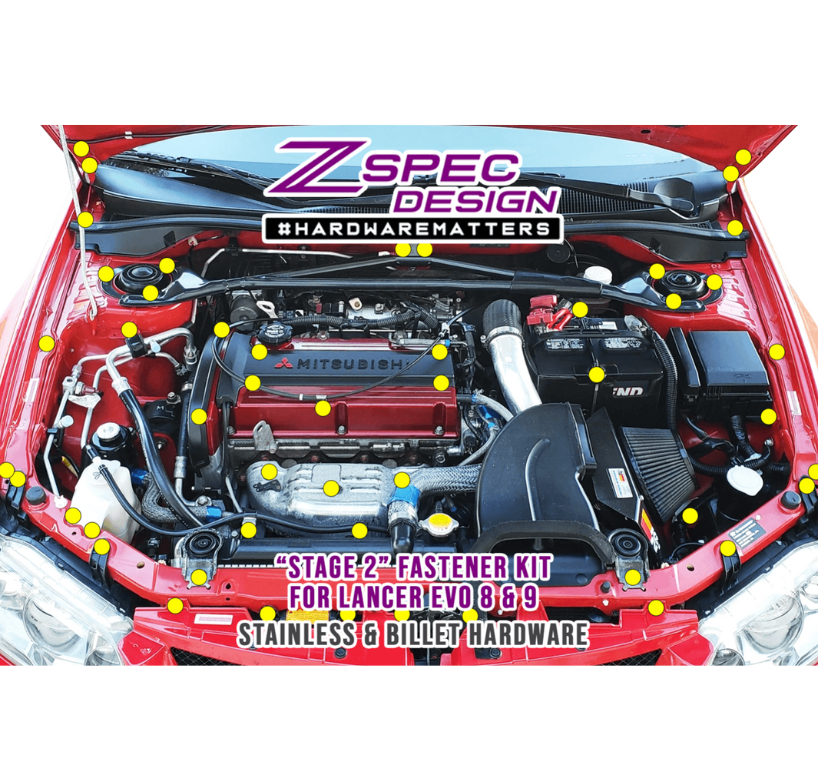 ZSPEC Stage-2 Dress Up Bolts® Fastener Kit for Mitsubishi EVO 8 & 9, Stainless & Billet