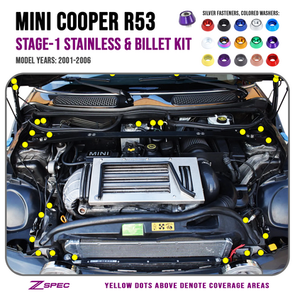 ZSPEC Stage-1 Dress Up Bolts® Fastener Kit for '01-06 R53 Mini Cooper & S, Stainless & Billet