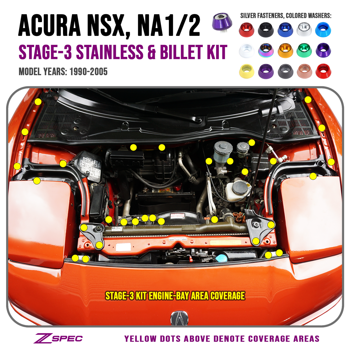 ZSPEC Stage-3 Dress Up Bolts® Fastener Kit for '90-05 Acura NSX NA1/2, Stainless & Billet