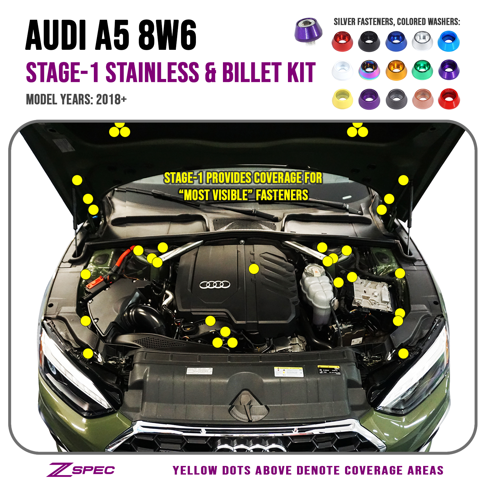 ZSPEC Stage-1 Dress Up Bolts® Fastener Kit for '18-22+ Audi A5 8W6 2.0L, Stainless & Billet