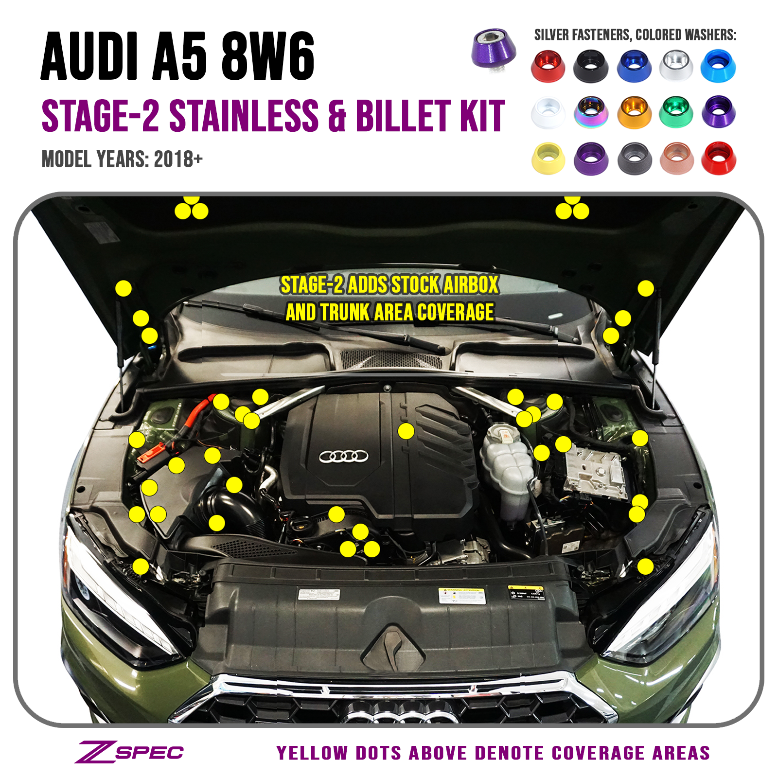 ZSPEC Stage-2 Dress Up Bolts® Fastener Kit for '18-22+ Audi A5 8W6 2.0L, Stainless & Billet