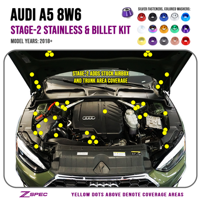 ZSPEC Stage-2 Dress Up Bolts® Fastener Kit for '18-22+ Audi A5 8W6 2.0L, Stainless & Billet