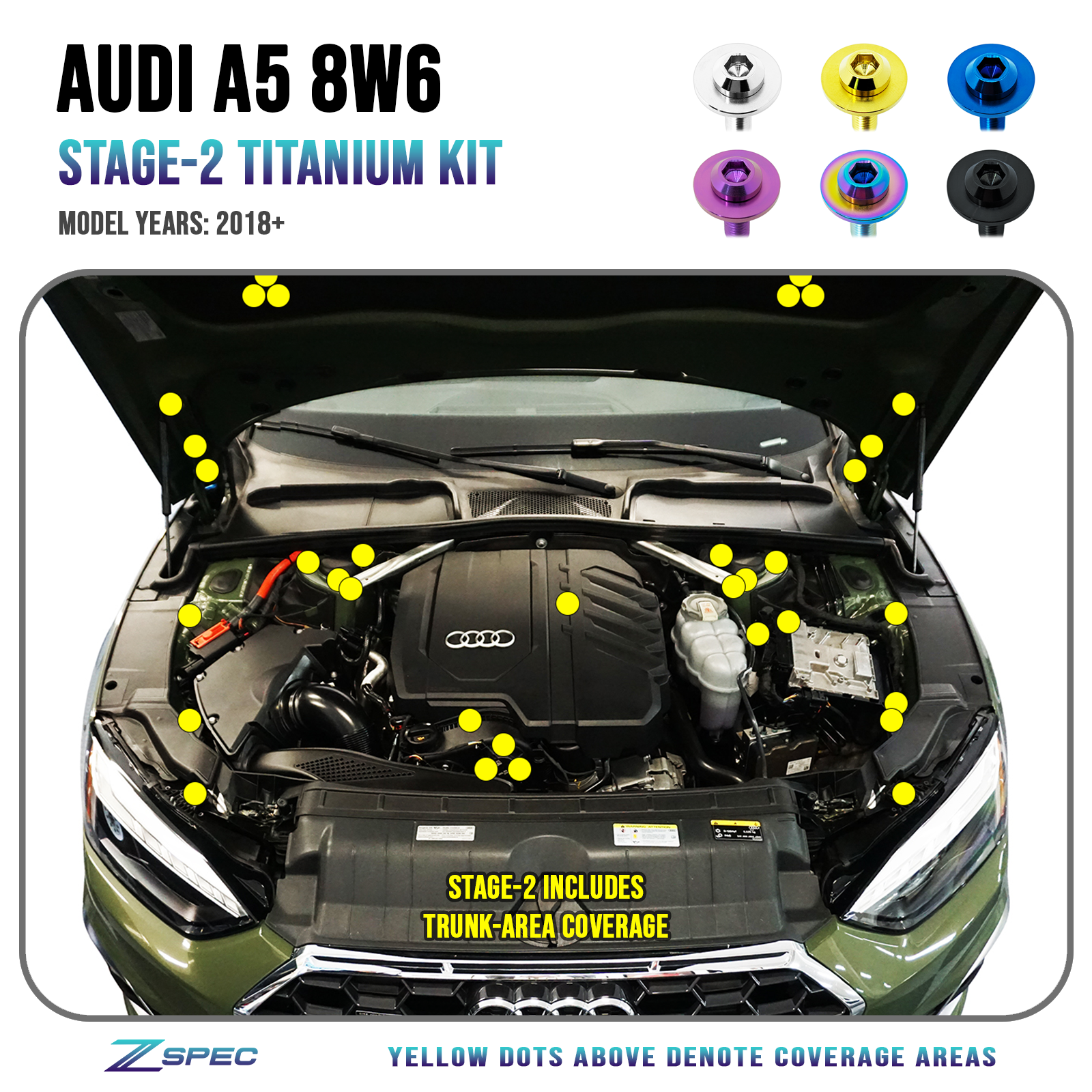 ZSPEC Stage-2 Dress Up Bolts® Fastener Kit for '18-23+ Audi A5 8W6 2.0L, Titanium