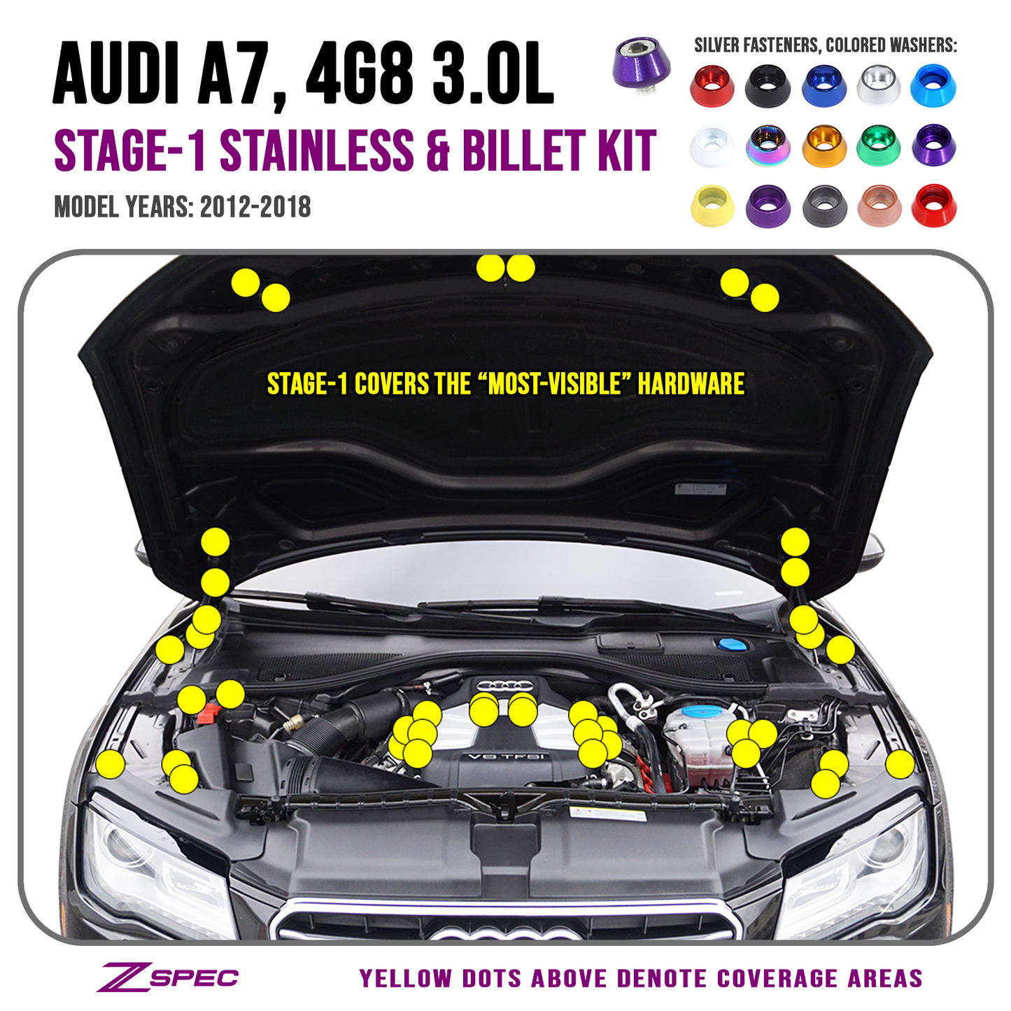 ZSPEC Stage-1 Dress Up Bolts® Fastener Kit for '12-18 Audi A7 4G8 3.0L, Stainless & Billet