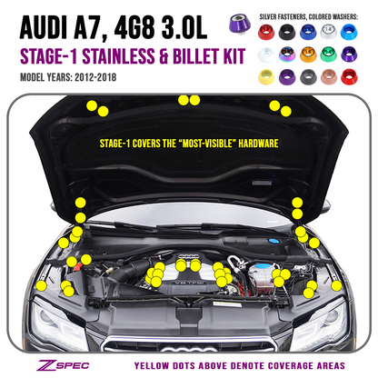 ZSPEC Stage-1 Dress Up Bolts® Fastener Kit for '12-18 Audi A7 4G8 3.0L, Stainless & Billet