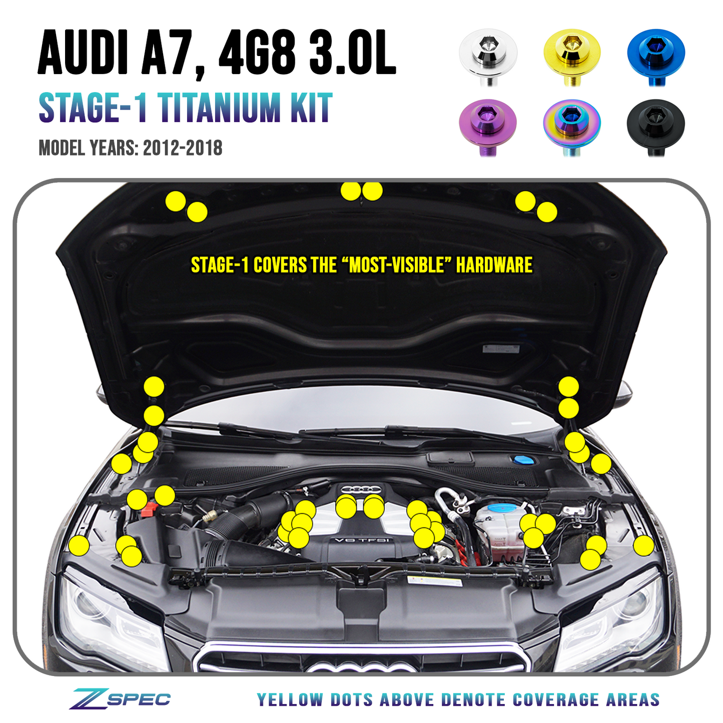 ZSPEC Stage-1 Dress Up Bolts® Fastener Kit for '12-18 Audi A7 4G8 3.0L, Titanium