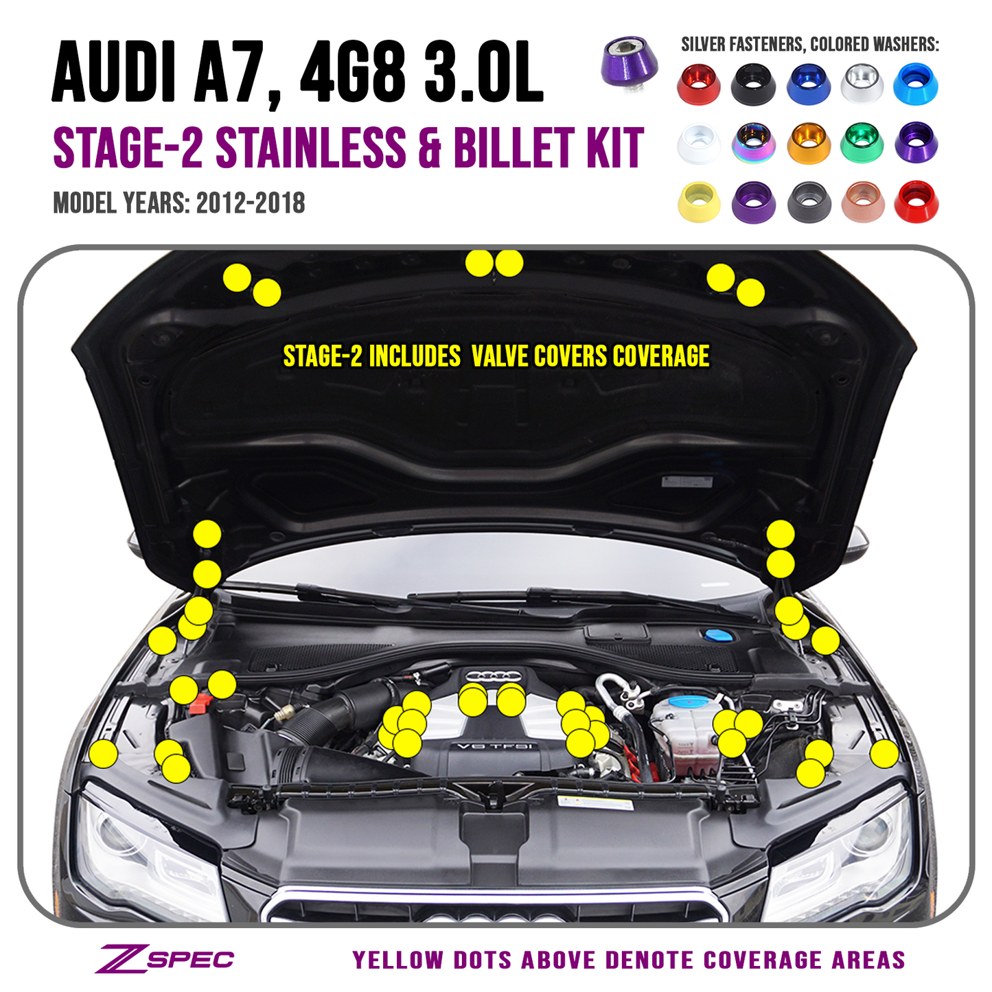 ZSPEC Stage-2 Dress Up Bolts® Fastener Kit for '12-18 Audi A7 4G8 3.0L, Stainless & Billet