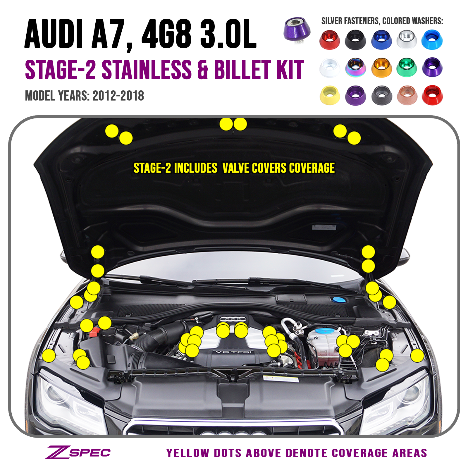 ZSPEC Stage-2 Dress Up Bolts® Fastener Kit for '12-18 Audi A7 4G8 3.0L, Stainless & Billet