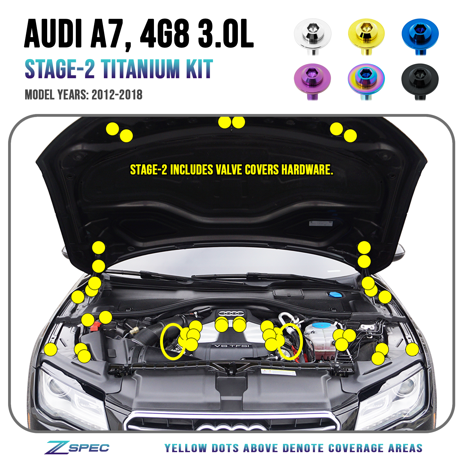 ZSPEC Stage-2 Dress Up Bolts® Fastener Kit for '12-18 Audi A7 4G8 3.0L, Titanium