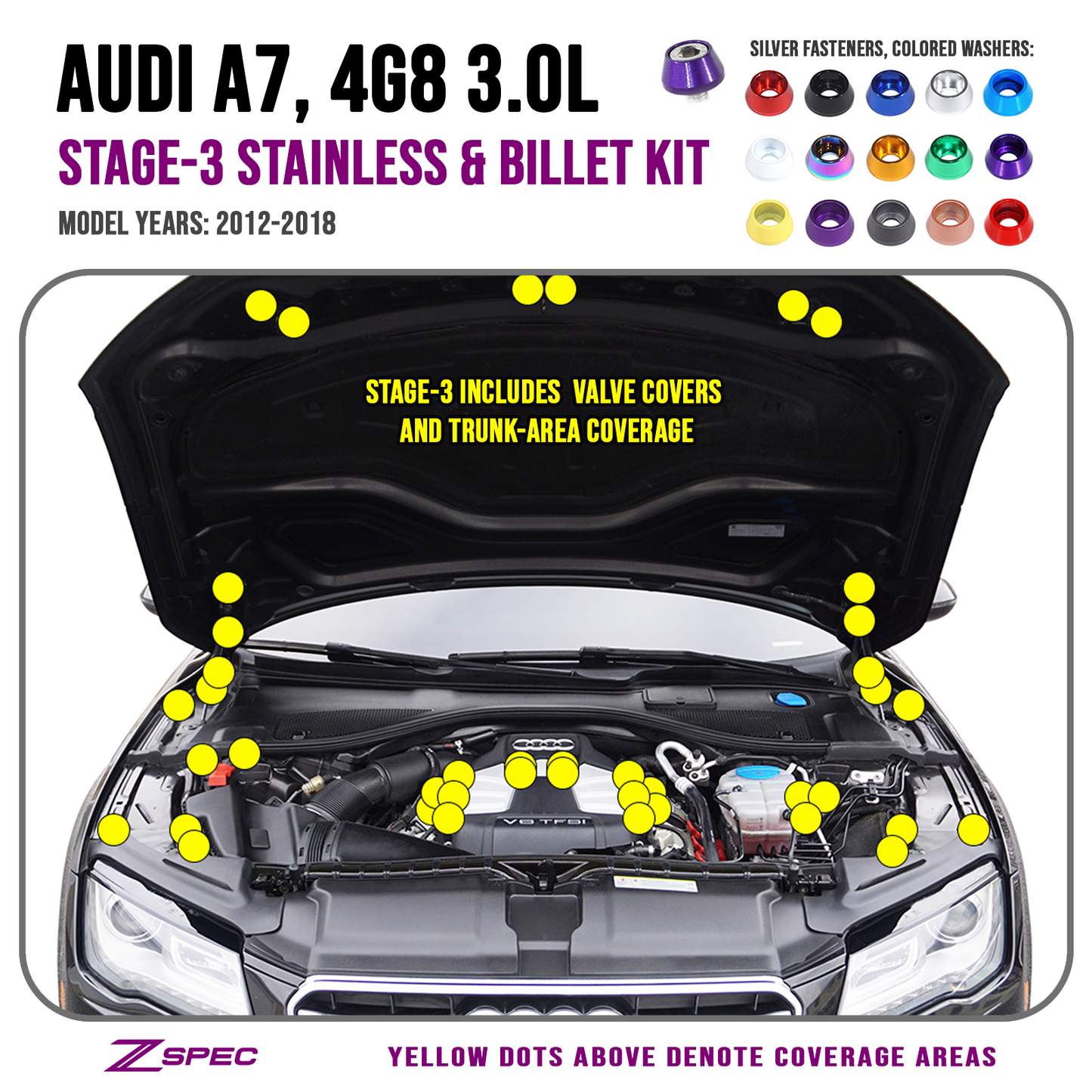 ZSPEC Stage-3 Dress Up Bolts® Fastener Kit for '12-18 Audi A7 4G8 3.0L, Stainless & Billet
