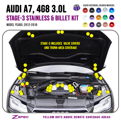ZSPEC Stage-3 Dress Up Bolts® Fastener Kit for '12-18 Audi A7 4G8 3.0L, Stainless & Billet