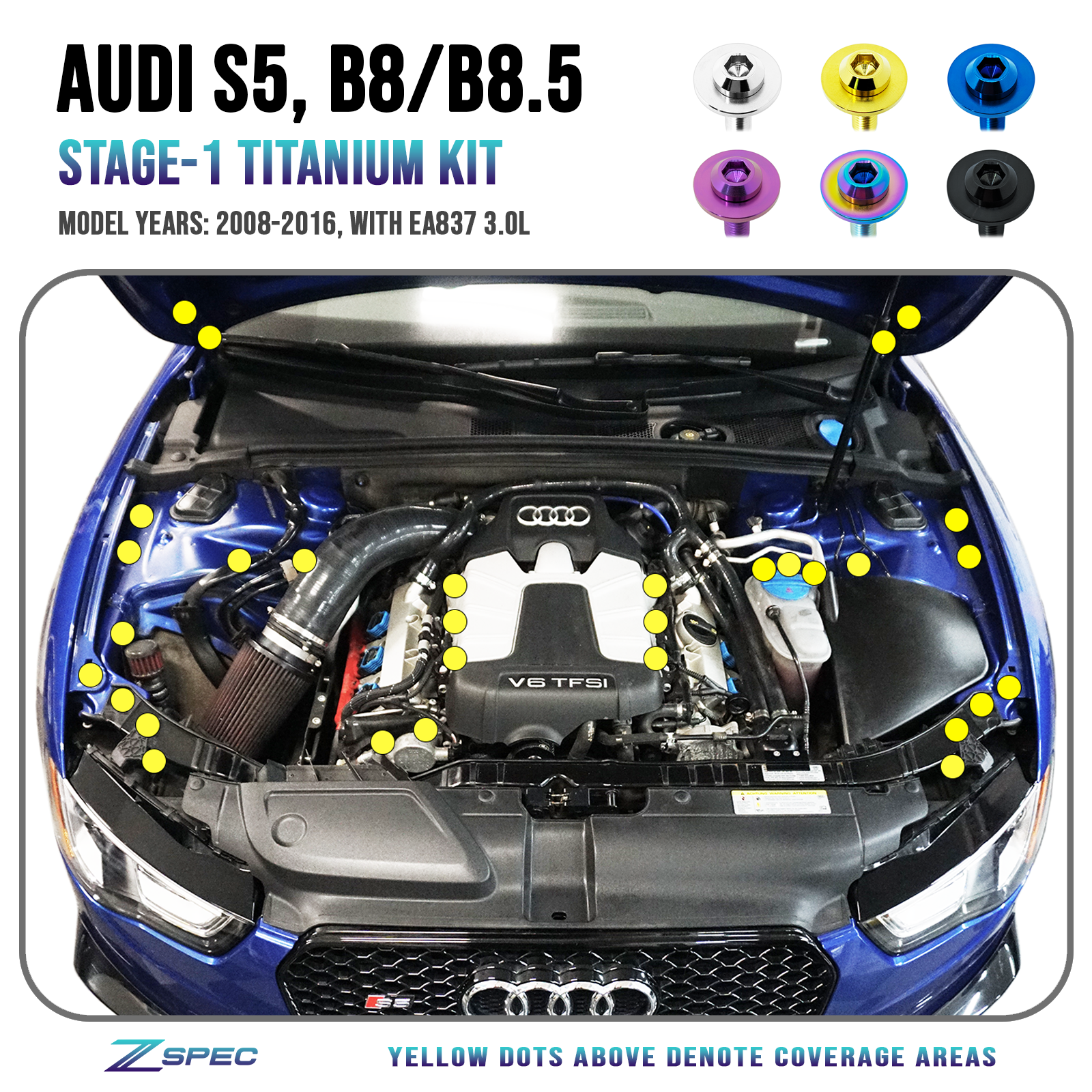 ZSPEC Stage-1 Dress Up Bolts® Fastener Kit for Audi S5 B8 EA837 3.0L, Titanium
