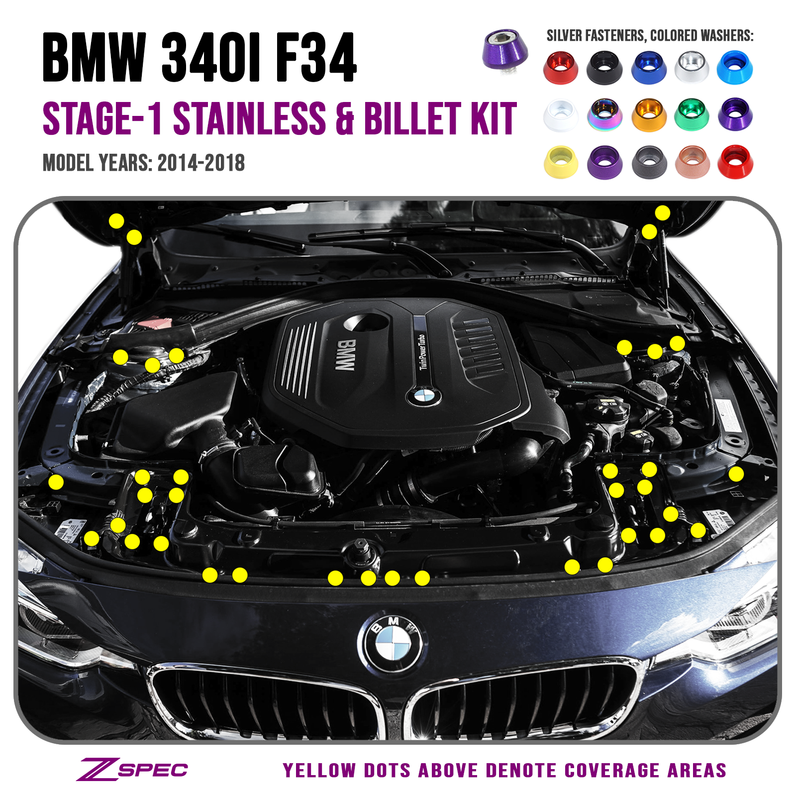ZSPEC Stage-1 Dress Up Bolts® Fastener Kit for '14-18 BMW 340i F34 3.0T, Stainless & Billet