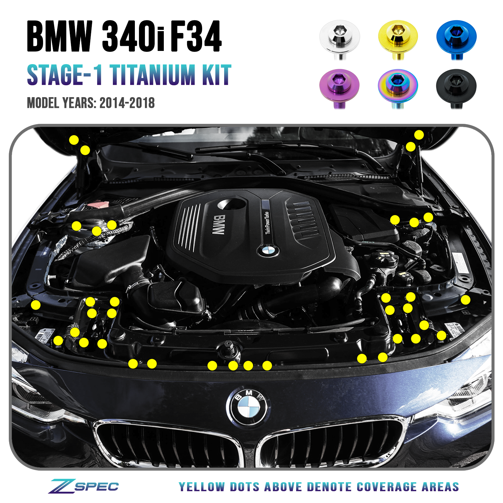 ZSPEC Stage-1 Dress Up Bolts® Fastener Kit for '14-18 BMW 340i F34 3.0T, Titanium