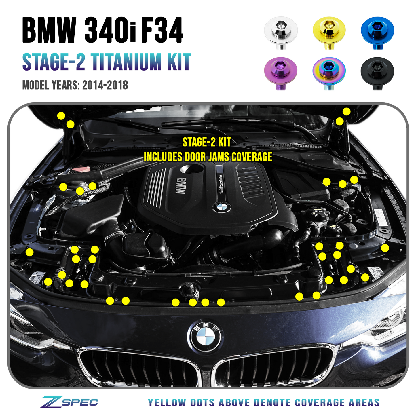 ZSPEC Stage-2 Dress Up Bolts® Fastener Kit for '14-18 BMW 340i F34 3.0T, Titanium
