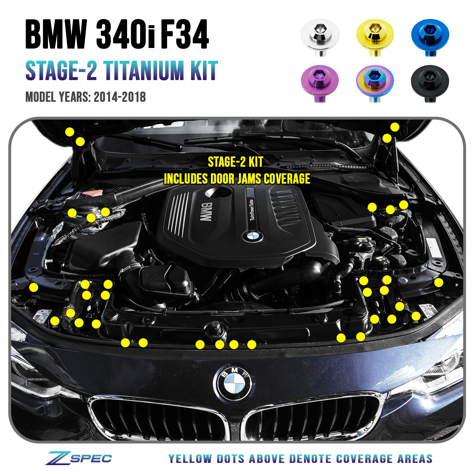 ZSPEC Stage-2 Dress Up Bolts® Fastener Kit for '14-18 BMW 340i F34 3.0T, Titanium