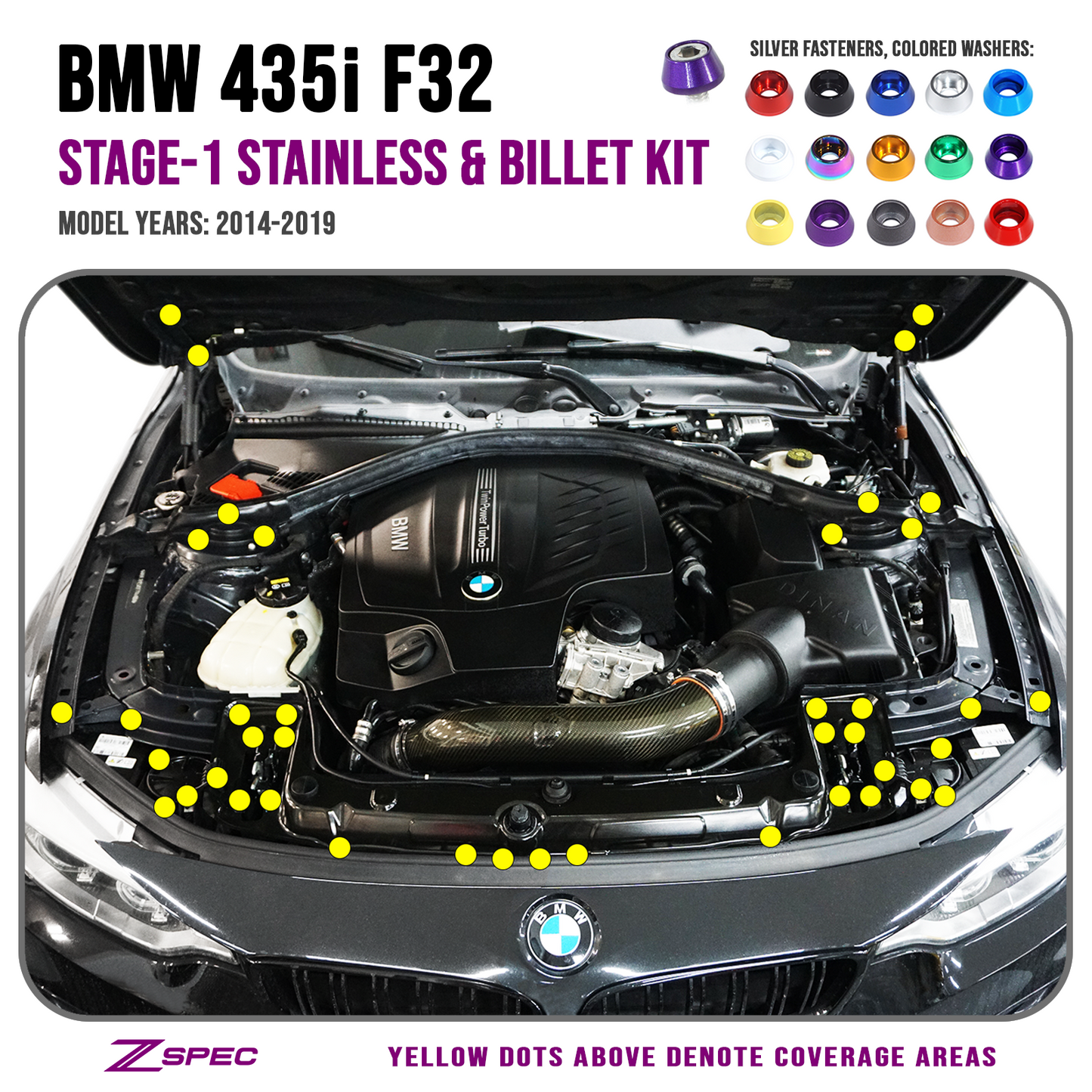 ZSPEC Stage-1 Dress Up Bolts® Fastener Kit for '14-19 BMW 435i F32 3.0T, Stainless & Billet