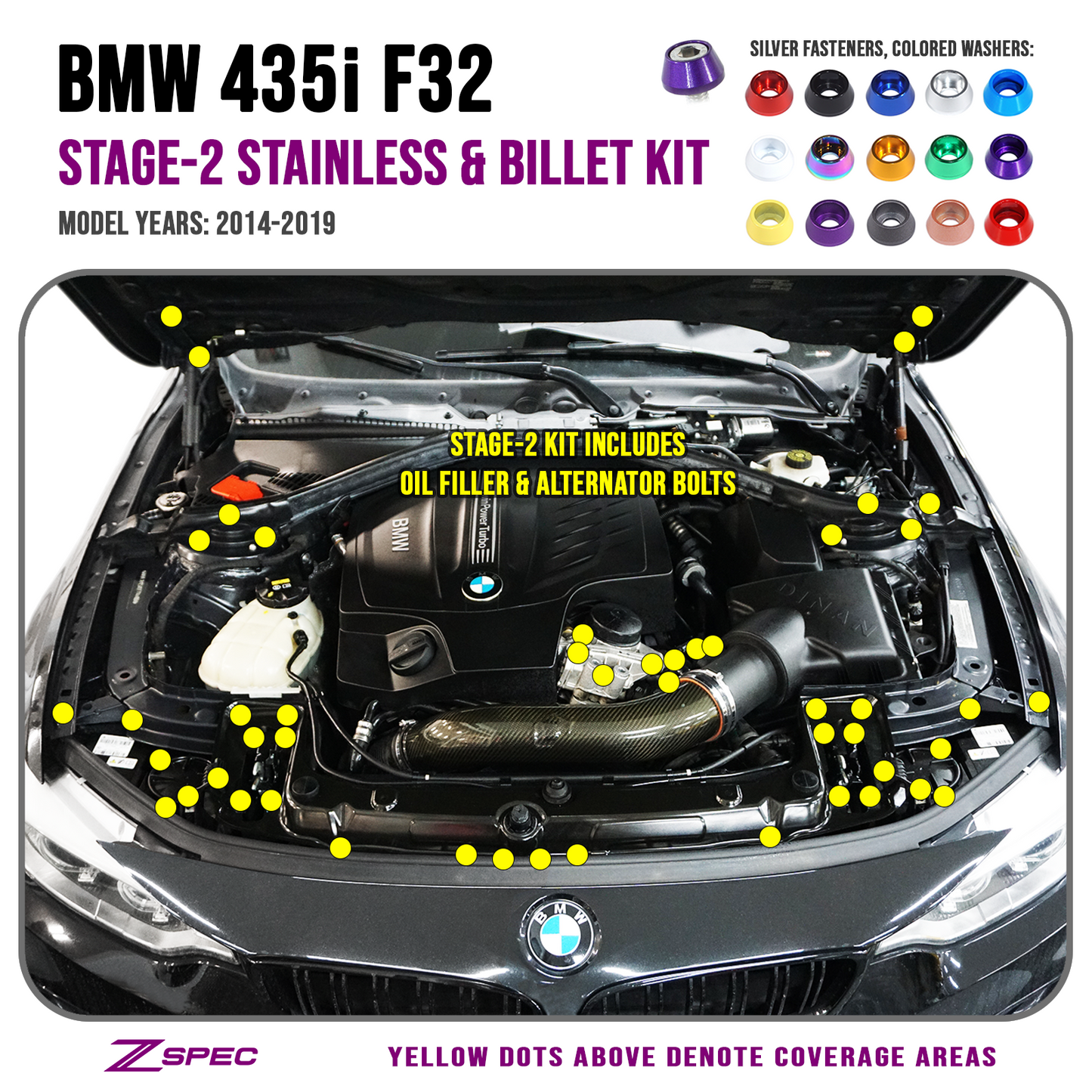 ZSPEC Stage-2 Dress Up Bolts® Fastener Kit for '14-19 BMW 435i F32 3.0T, Stainless & Billet