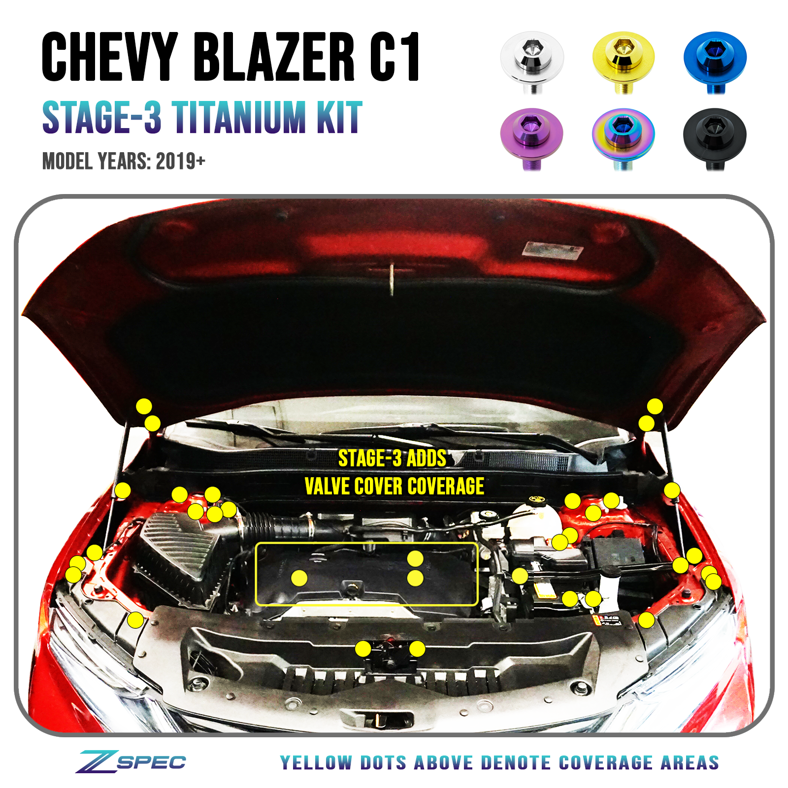ZSPEC Stage-3 Dress Up Bolts® Fastener Kit for '19+ Chevy Blazer C1, Grade-5 Titanium