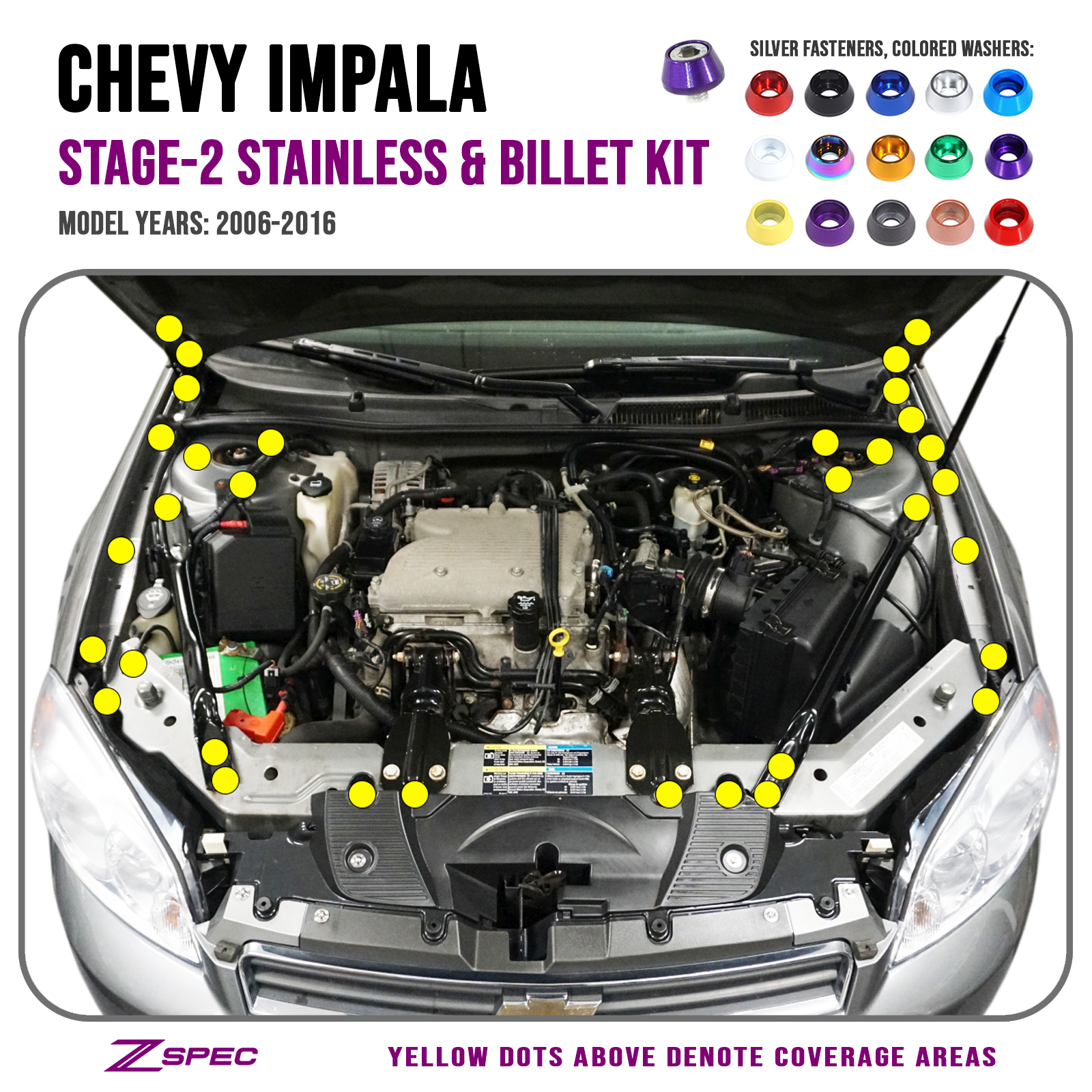 ZSPEC Stage-2 Dress Up Bolts® Fastener Kit for '06-16 Chevy Impala, Stainless & Billet