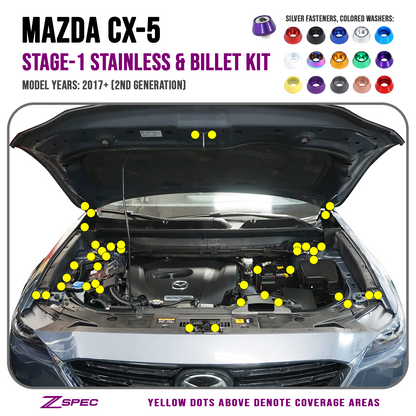 ZSPEC Stage-1 Dress Up Bolts® Fastener Kit for '17-23 Mazda CX-5, Stainless & Billet