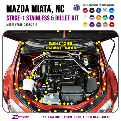 ZSPEC Stage-1 Dress Up Bolts® Fastener Kit for Mazda Miata NC, Stainless & Billet