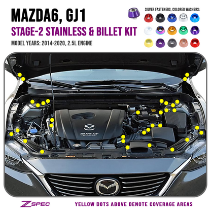 ZSPEC Stage-2 Dress Up Bolts® Fastener Kit for '14-20 Mazda6 2.5L, Stainless & Billet