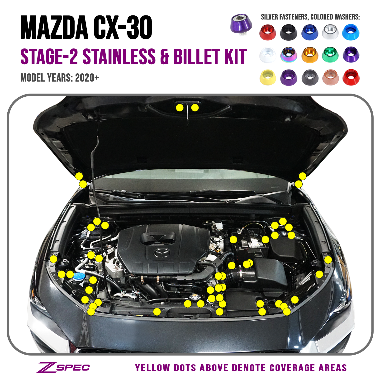 ZSPEC Stage-2 Dress Up Bolts® Fastener Kit for 2020-2024 Mazda CX-30, Stainless & Billet