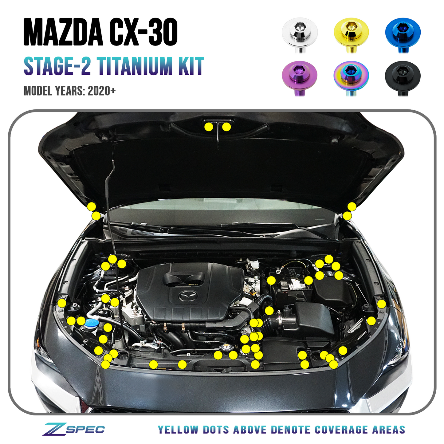 ZSPEC Stage-2 Dress Up Bolts® Fastener Kit for the '20-24 Mazda CX-30, Titanium