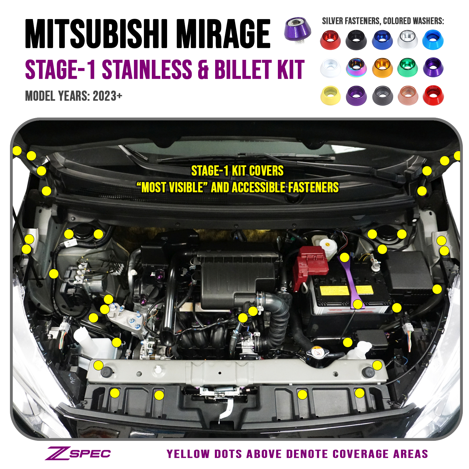 ZSPEC Stage-1 Dress Up Bolts® Fastener Kit for '23+ Mitsubishi Mirage, Stainless & Billet