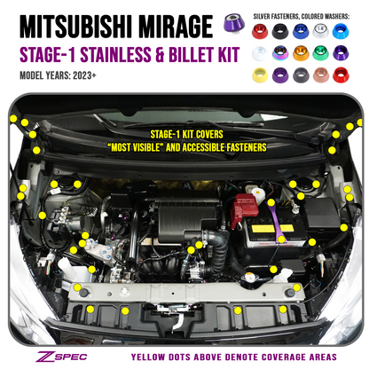 ZSPEC Stage-1 Dress Up Bolts® Fastener Kit for '23+ Mitsubishi Mirage, Stainless & Billet