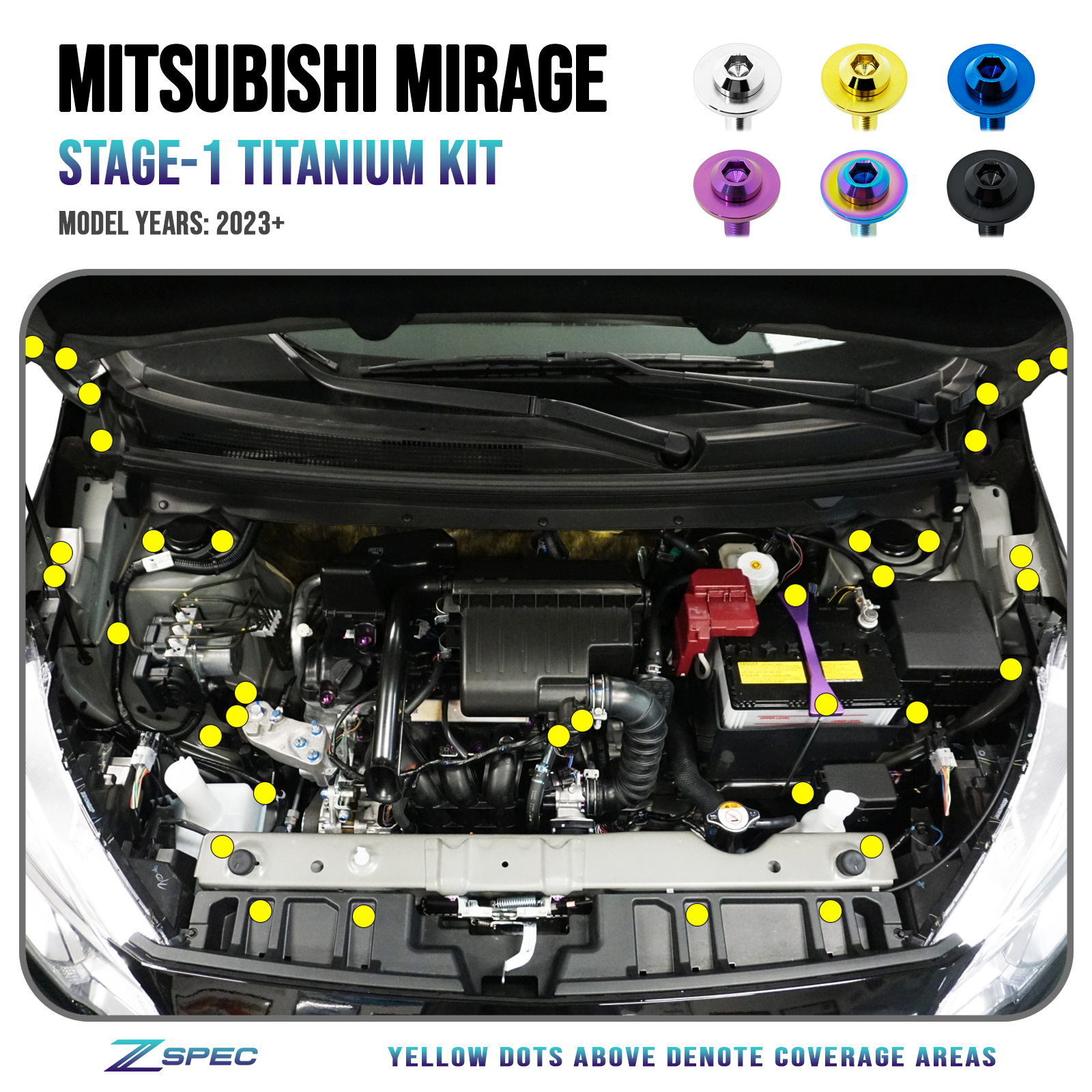 ZSPEC Stage-1 Dress Up Bolts® Fastener Kit for '23+ Mitsubishi Mirage, Titanium