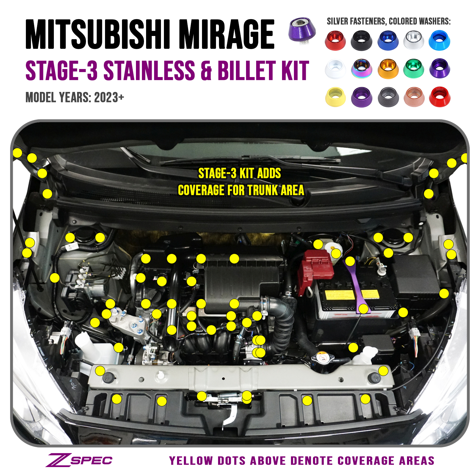 ZSPEC Stage-3 Dress Up Bolts® Fastener Kit for '23+ Mitsubishi Mirage, Stainless & Billet