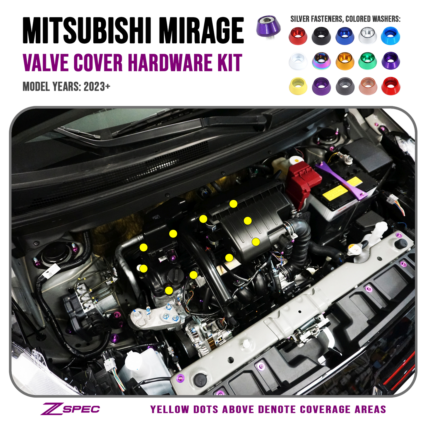 ZSPEC Valve Cover Dress Up Bolts® Fastener Kit for '23+ Mitsubishi Mirage, Stainless & Billet