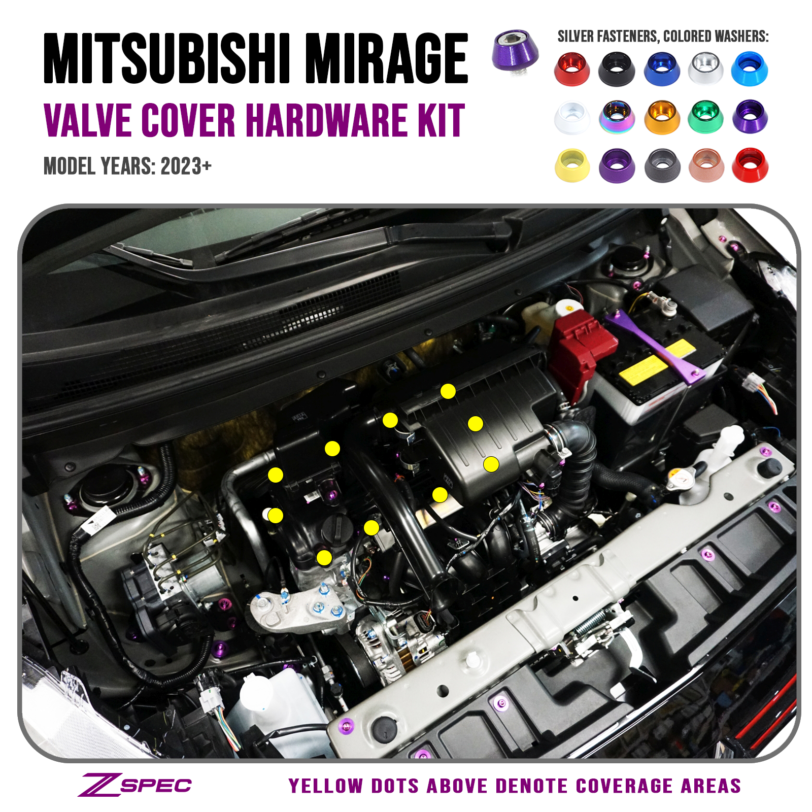 ZSPEC Valve Cover Dress Up Bolts® Fastener Kit for '23+ Mitsubishi Mirage, Stainless & Billet
