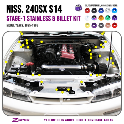 ZSPEC Stage-1 Dress Up Bolts® Fastener Kit for '95-98 Nissan 240SX S14, Stainless & Billet