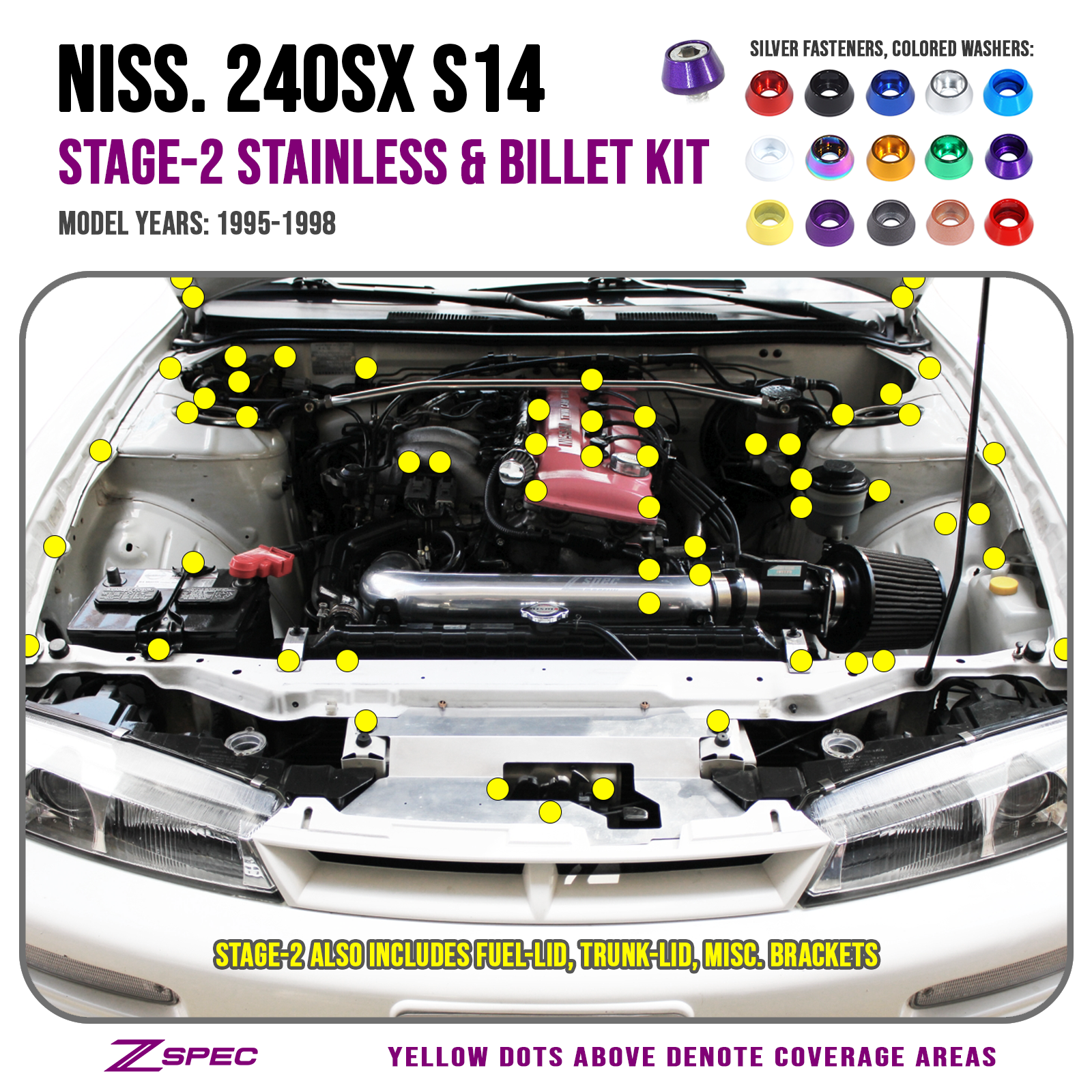 ZSPEC Stage-2 Dress Up Bolts® Fastener Kit for '95-98 Nissan 240SX S14, Stainless & Billet