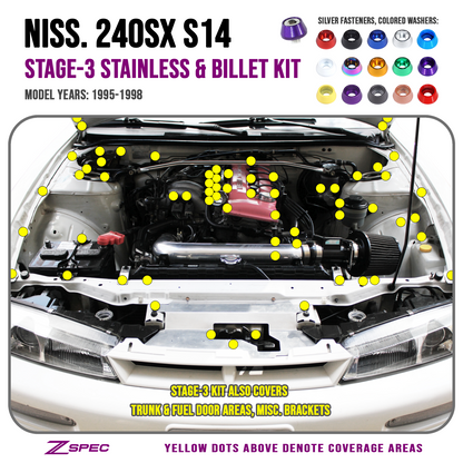 ZSPEC Stage-3 Dress Up Bolts® Fastener Kit for '95-98 Nissan 240SX S14, Stainless & Billet