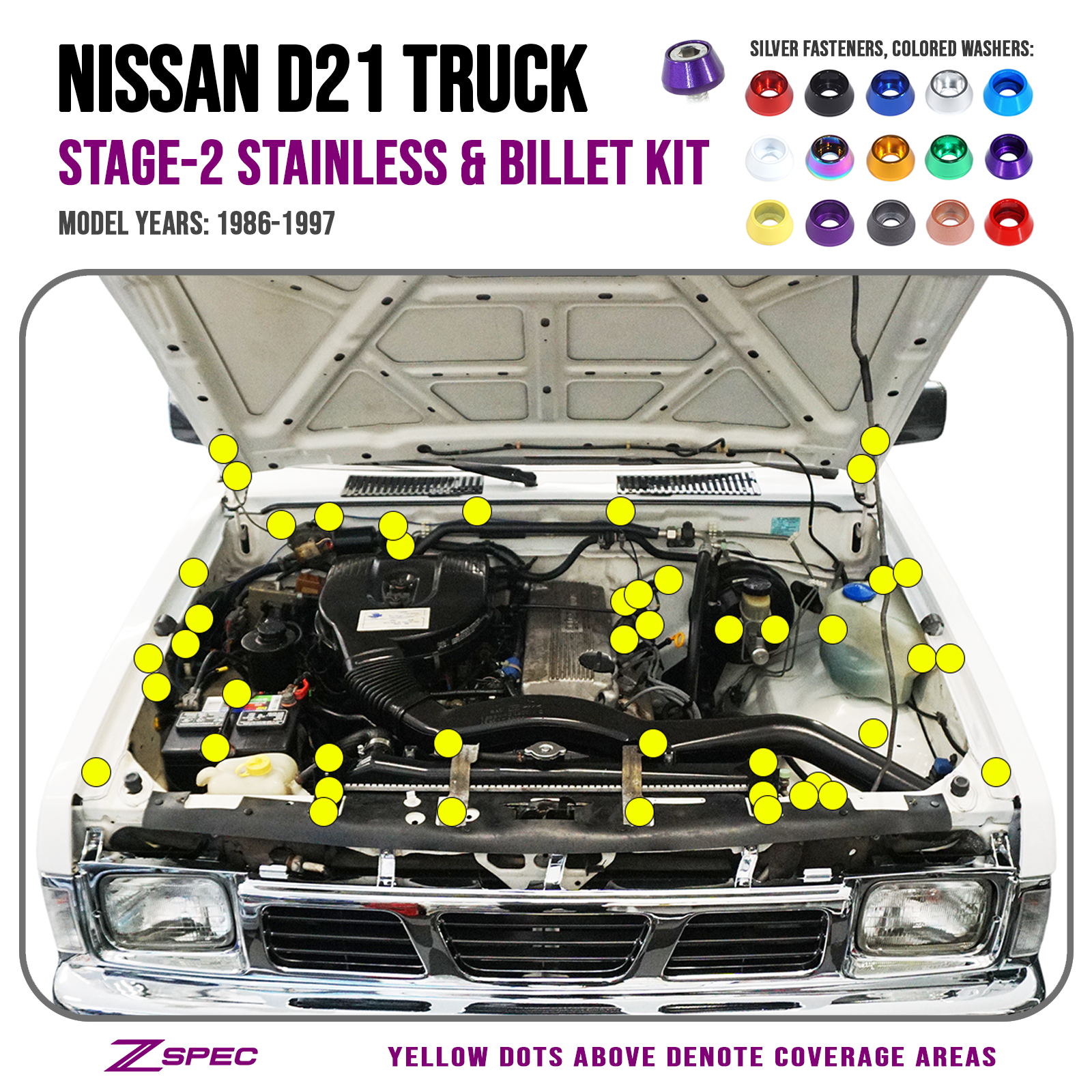ZSPEC Stage-2 Engine Bay Fastener Kit for Nissan Hardbody D21 Pickup Truck, Stainless & Billet