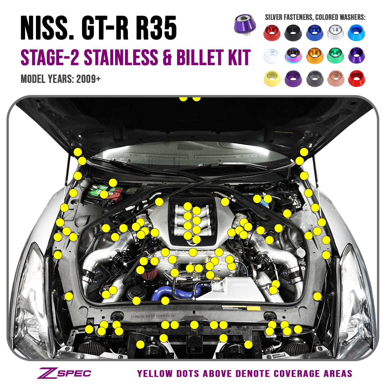 ZSPEC Stage-2 Dress Up Bolts® Fastener Kit for '09-23 Nissan GTR (R35), Stainless & Billet