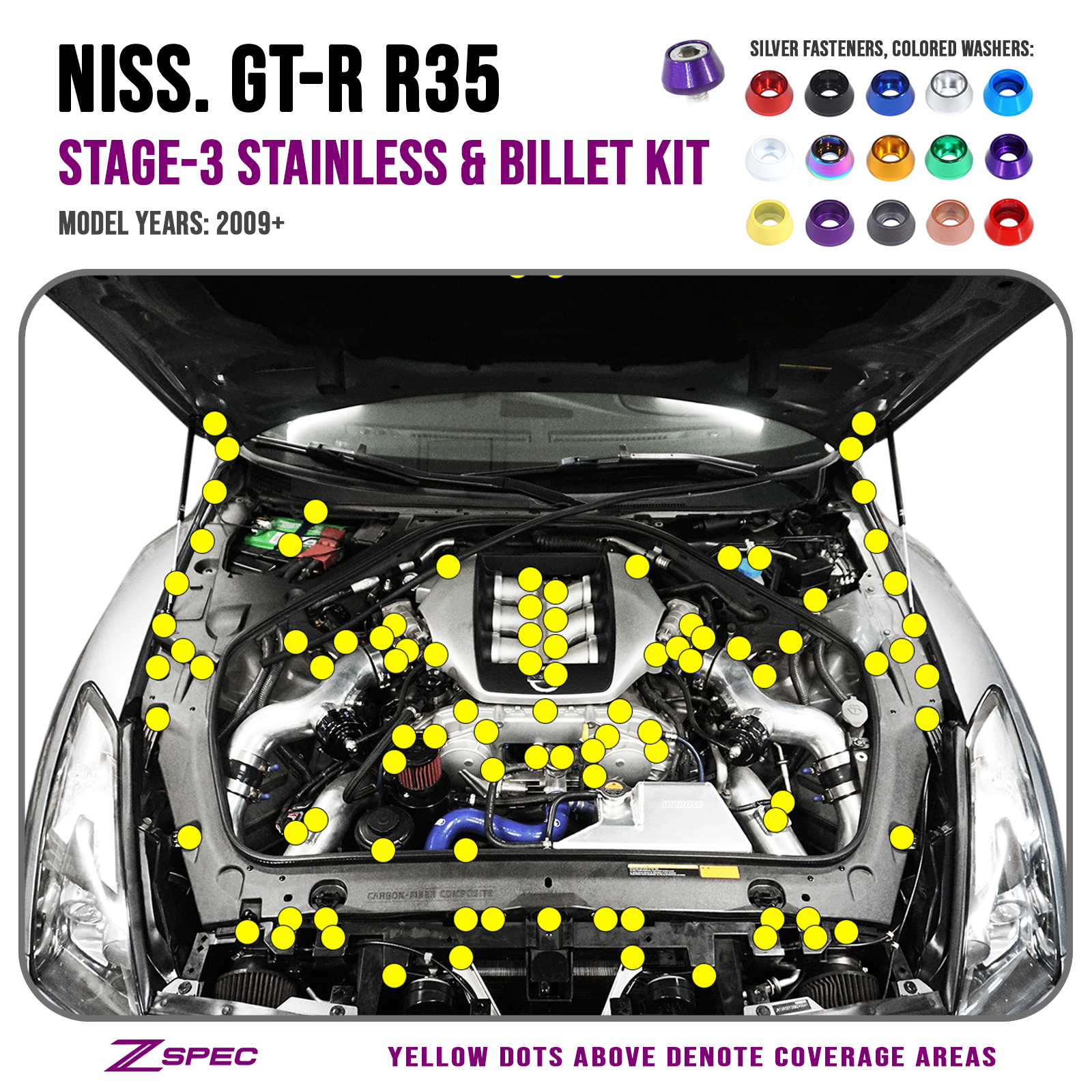 ZSPEC Stage-3 Dress Up Bolts® Fastener Kit for '09-24 Nissan GTR (R35), Stainless & Billet