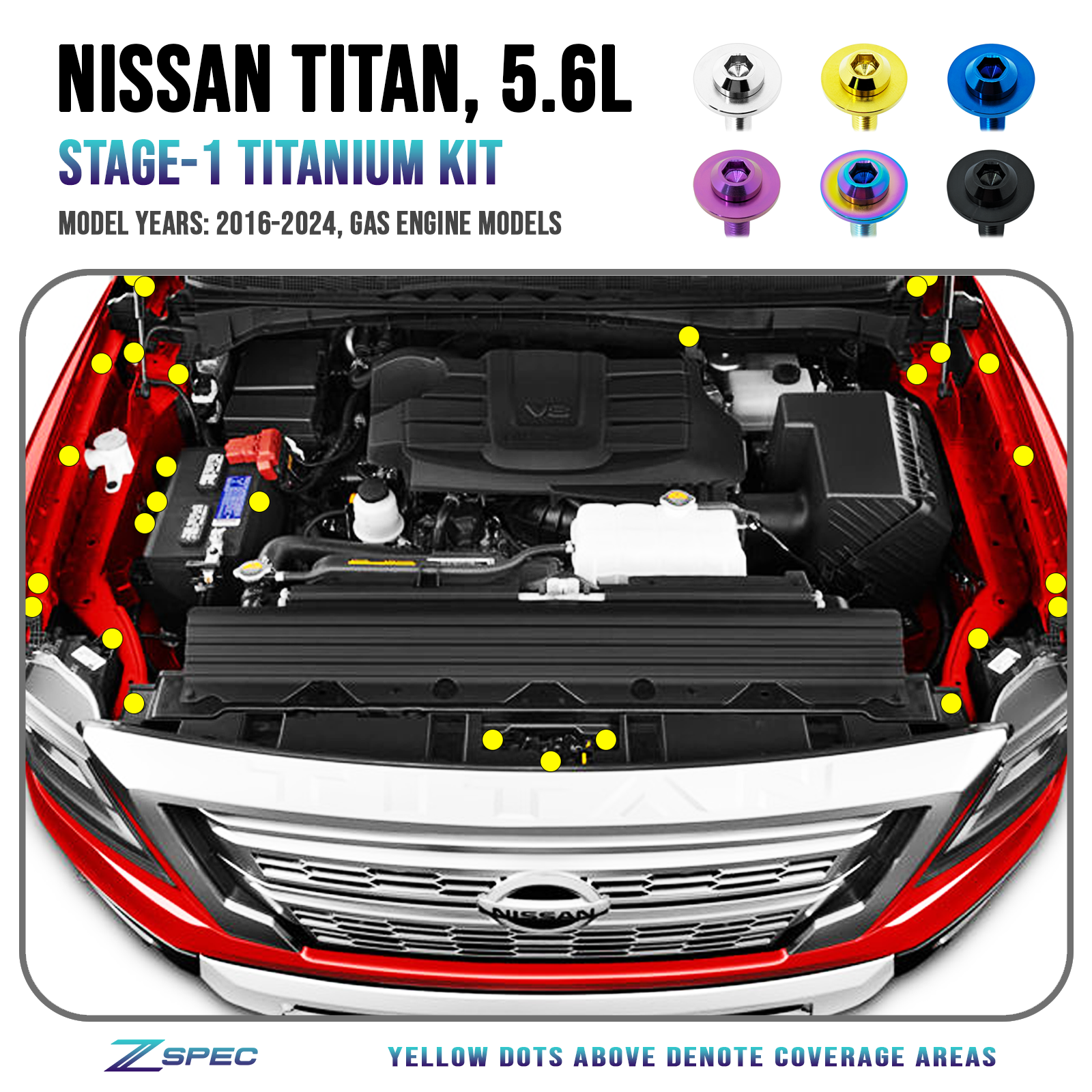 ZSPEC Stage-1 Engine Bay Fastener Kit for 16+ Nissan Titan 5.6L, Titanium
