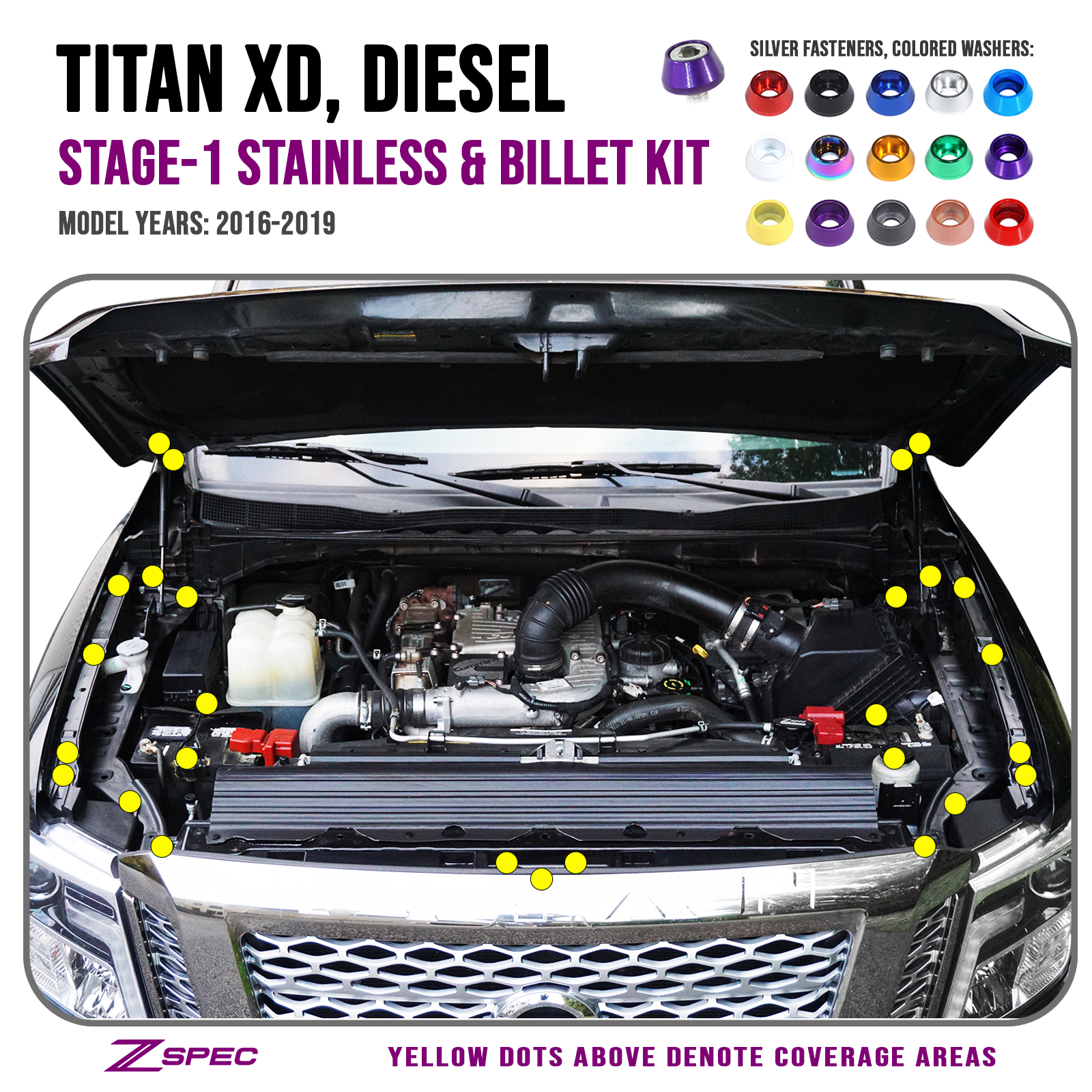 ZSPEC Stage-1 Dress Up Bolts® Fastener Kit for 16-19 Nissan Titan XD, Stainless & Billet